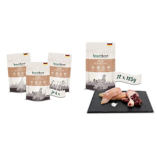 Venandi Animal Premium Nassfutter für Katzen, Probierpaket I,12 x 125 g, 1.5 kg & Premium Nassfutter für Katzen, Huhn als Monoprotein, 12 x 125 g, 1.5 kg von Venandi Animal