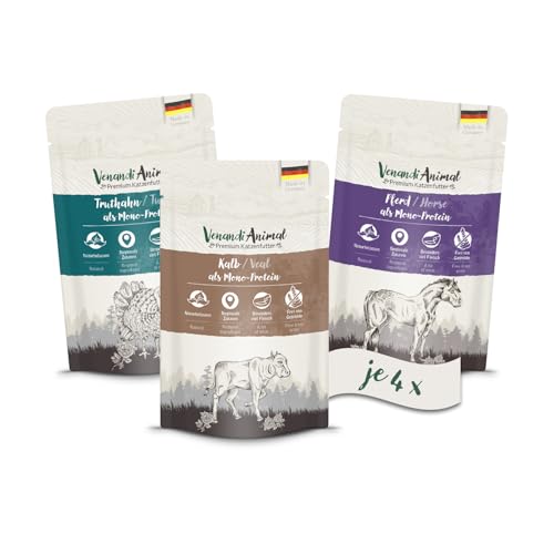 Venandi Animal - Premium Nassfutter für Katzen - Probierpaket II (Pferd, Kalb, Truthahn) als Monoprotein 12er Pack (12 x 125 g), getreidefrei, Monoprotein von Venandi Animal