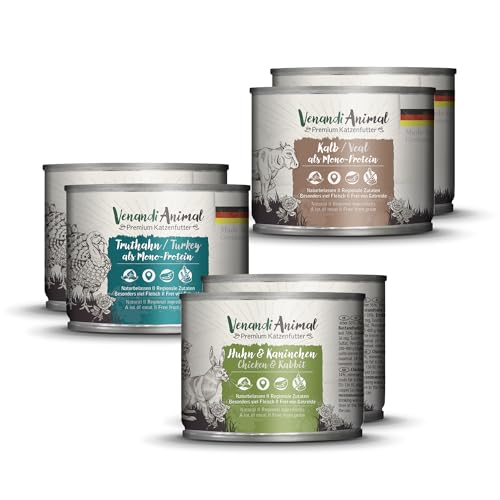 Venandi Animal - Premium Nassfutter für Katzen - Probierpaket II (Pferd, Kalb, Truthahn) als Monoprotein 6er Pack (6 x 200 g), getreidefrei, Monoprotein von Venandi Animal