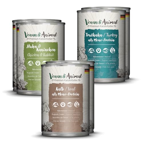Venandi Animal - Premium Nassfutter für Katzen - Probierpaket II (Pferd, Kalb, Truthahn) als Monoprotein 6er Pack (6 x 400 g), getreidefrei, Monoprotein von Venandi Animal
