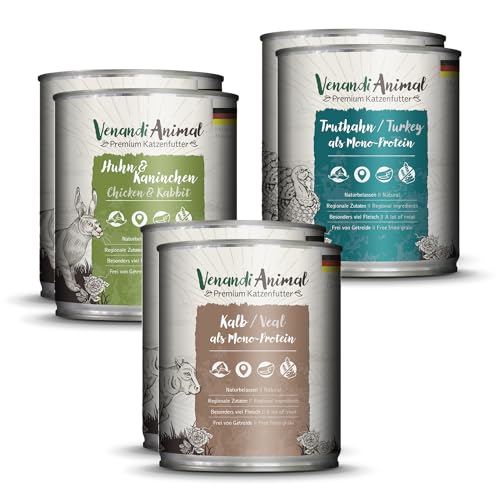 Venandi Animal - Premium Nassfutter für Katzen - Probierpaket II (Pferd, Kalb, Truthahn) als Monoprotein 6er Pack (6 x 800 g), getreidefrei, Monoprotein von Venandi Animal