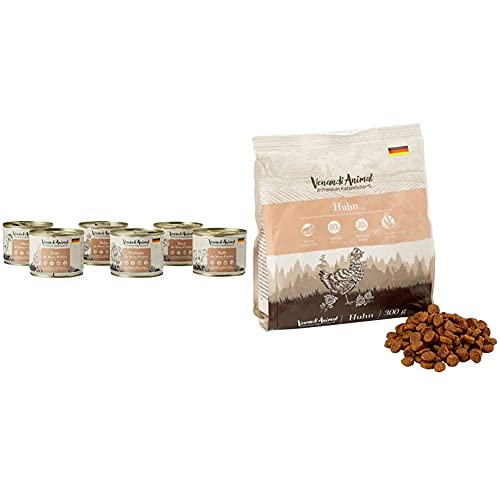 Venandi Animal Premium Nassfutter für Katzen, Probierpaket III, 6 x 200 g, 1.2 kg & Premium Trockenfutter für Katzen, Huhn,getreidefrei mit viel frischem Fleisch, 300 g von Venandi Animal