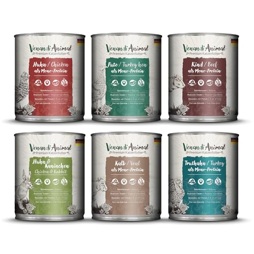 Venandi Animal Premium Nassfutter für Katzen, Probierpaket III, Huhn, Pute, Rind, Huhn + Kaninchen, Kalb, Truthahn, 6 x 800 g, getreidefrei und naturbelassen, 4.8 kg Venandi Animal Premium Nassfutter für Katzen, Probierpaket III, Huhn, Pute, Rind, Huhn + Kaninchen, Kalb, Truthahn, 6 x 800 g, getreidefrei und naturbelassen, 4.8 kg von VenandiAnimal