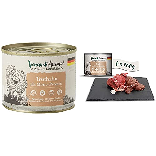 Venandi Animal Premium Nassfutter für Katzen, Truthahn als Monoprotein, 6 x 200 g, 1.2 kg & Premium Nassfutter für Katzen, Kalb als Monoprotein, 6 x 200 g, 1.2 kg von Venandi Animal