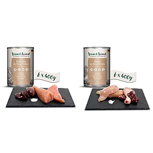 Venandi Animal Premium Nassfutter für Katzen, Truthahn als Monoprotein, 6 x 400 g, 2.4 kg & Premium Nassfutter für Katzen, Huhn als Monoprotein, 6 x 400 g, 2.4 kg von VenandiAnimal