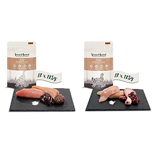 Venandi Animal Premium Nassfutter für Katzen - Pute als Monoprotein 12 x 125 g, getreidefrei und naturbelassen, 1.5 kg & Premium Nassfutter für Katzen, Huhn als Monoprotein, 12 x 125 g, 1.5 kg von Venandi Animal