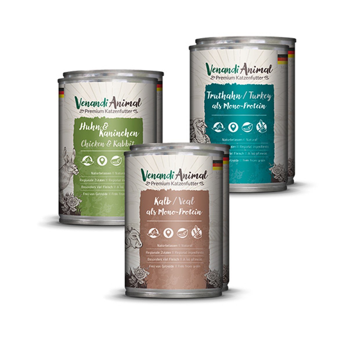 Venandi Animal - Probierpaket II 2xHuhn & Kaninchen, 2xKalb, 2xTruthahn 24x400g von Venandi Animal