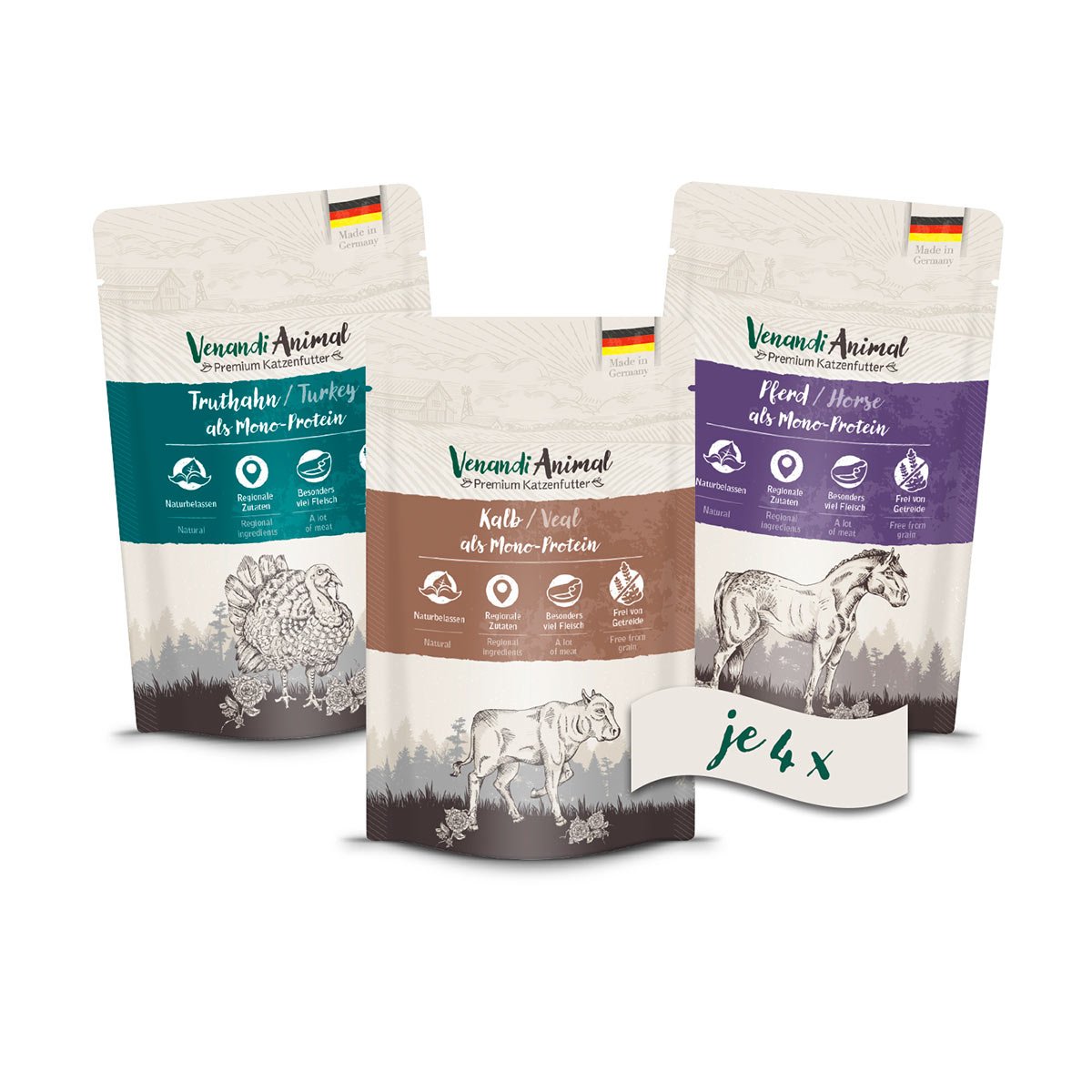 Venandi Animal - Probierpaket II 4xPferd, 4xKalb, 4xTruthahn 24x125g Venandi Animal - Probierpaket II 4xPferd, 4xKalb, 4xTruthahn 24x125g von Venandi Animal