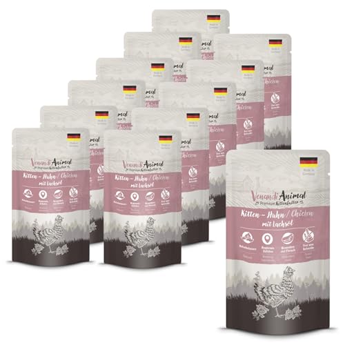 Venandi - Premium Nassfutter für Katzen - Kitten - Huhn mit Lachsöl, 12 x 125g (12er Pack), getreidefrei mit extra viel Fleisch von Venandi Animal