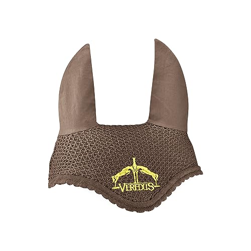 Handgefertigte Fliegenhaube für Pferde aus Baumwolle, waschbar und atmungsaktiv, mit Veredus Logo vorne – Braun/Gold von Veredus