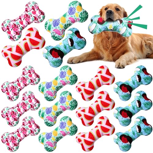 Vertintong 12 Stück Plüsch-Hundespielzeug für Hunde, quietschend, für den Sommer, hawaiianische Knochen, Spielzeug mit Früchten, Flamingo-Muster, Geschenk für kleine, mittelgroße und große Hunde, von Vertintong