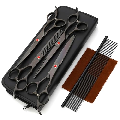 Vestamore Haustierpflegeset mit Kamm und Reißverschlusstasche, gebogene gerade Schere für Hunde, 7-teiliges Set von Vestamore