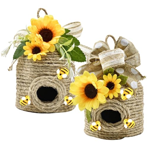 Vestamore Set mit zwei Bienenstock-Dekoren, rustikale Sonnenblumen-inspirierte Akzente, handgefertigter Jute-Charm, 12 cm x 10 cm, praktische Wandmontage von Vestamore