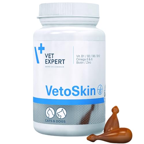 VetExpert VetoSkin 90 Kapseln für Hunde und Katzen, enthält Omega-3 und Omega-6 Fettsäuren zur Unterstützung von Fell und Haut von VetExpert