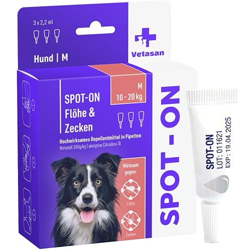 Vetasan Spot-ON für Hunde 10-20kg (M) | gegen Flöhe & Zecken | 3 Monate Schutz | HOCHWIRKSAM | Zeckenmittel für Hunde Zeckenschutz | Hundeflohmittel von Vetasan