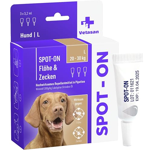 Vetasan Spot-ON für Hunde 20-30kg (L) | gegen Flöhe & Zecken | 3 Monate Schutz | HOCHWIRKSAM | Zeckenmittel für Hunde Zeckenschutz | Hundeflohmittel von Vetasan