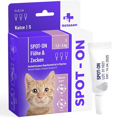 Vetasan Spot-ON für Katzen 1,5-4kg (S)| gegen Flöhe & Zecken | 3 Monate Schutz | HOCHWIRKSAM | Zeckenmittel für Katzen | Floh- und Zeckenschutz für Katzen von Vetasan