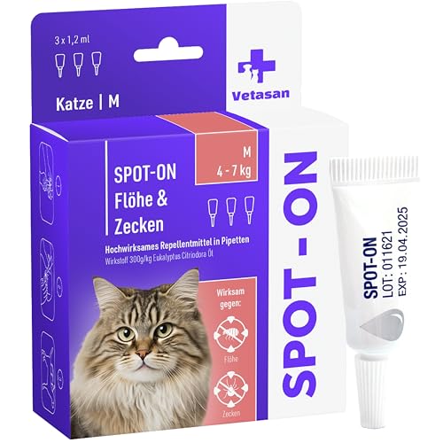 Vetasan Spot-ON für Katzen 4-7kg (M) | gegen Flöhe & Zecken | 3 Monate Schutz | ohne Chemie | Zeckenmittel für Katzen | Floh- und Zeckenschutz für Katzen von Vetasan