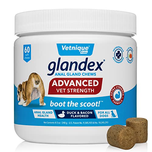 Vetnique Labs Glandex Advanced Strength Analsack Soft Kausnacks mit Ballaststoffen für Hunde, Verdauungsenzyme, Probiotika - Vom Tierarzt empfohlen Vegetarische Ente & Speck… (60ct Chew) von Vetnique Labs