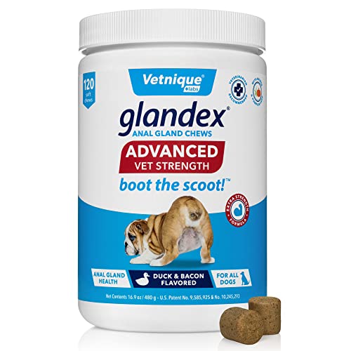 Vetnique Labs Glandex Advanced Strength Analsack Soft Kausnacks mit Ballaststoffen für Hunde, Verdauungsenzyme, Probiotika - Vom Tierarzt empfohlen Vegetarische Ente & Speck… (120ct Chew) von Vetnique Labs