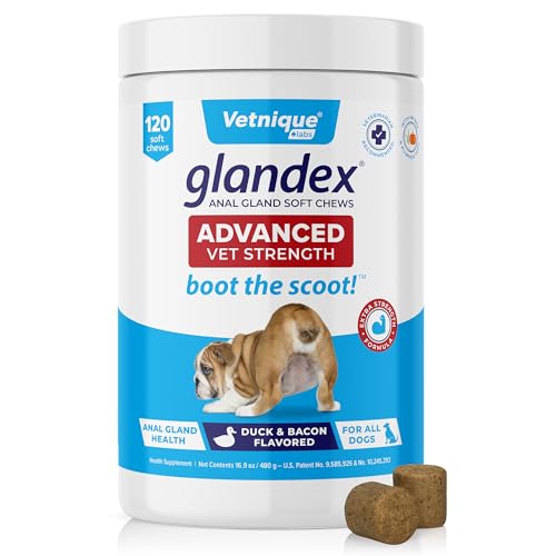 Vetnique Labs Glandex Advanced Strength Analsack Soft Kausnacks mit Ballaststoffen für Hunde, Verdauungsenzyme, Probiotika - Vom Tierarzt empfohlen Vegetarische Ente & Speck… (120ct Chew) von Vetnique