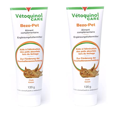 Vetoquinol Bezo-Pet Paste | Doppelpack | 2 x 120g | Ergänzungsfuttermittel für Hunde und Katzen | Kann dabei helfen zur Förderung der Haarballenausscheidung beizutragen | Mit Malz von Vetoquinol