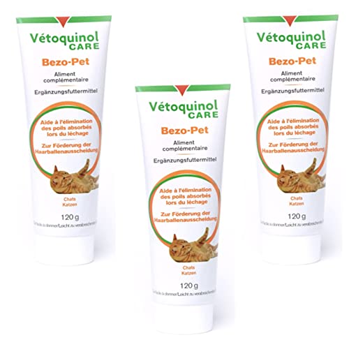Vetoquinol Bezo-Pet Paste | 3er Pack | 3 x 120g | Ergänzungsfuttermittel für Hunde und Katzen | Kann dabei helfen zur Förderung der Haarballenausscheidung beizutragen | Mit Malz von Vetoquinol