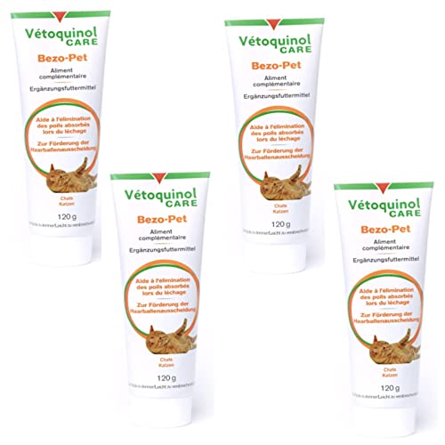 Vetoquinol Bezo-Pet Paste | 4er Pack | 4 x 120g | Ergänzungsfuttermittel für Hunde und Katzen | Kann dabei helfen zur Förderung der Haarballenausscheidung beizutragen | Mit Malz von Vetoquinol