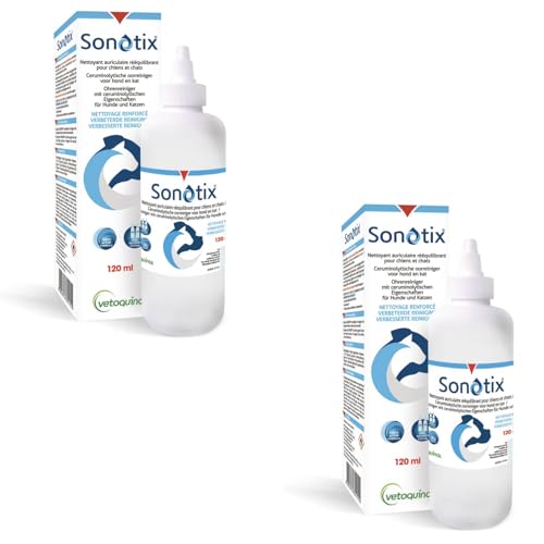 Vetoquinol Sonotix Ohrenreiniger | Doppelpack | 2 x 120 ml | Ohrenreiniger für Hunde und Katzen | Zur schnellen und effektiven Entfernung von Cemuren | Mit Zwei Applikatoren von Vetoquinol