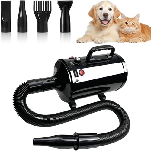VexNook Hundefön Blower Sehr Leise - 3200W Pet Dryer Hundetrockner Blower mit Einstellbarer Windgeschwindigkeit und Temperaturen, 4 Verschiedenen Düsen Elastischem Schlauch und Pflegebürst von VexNook