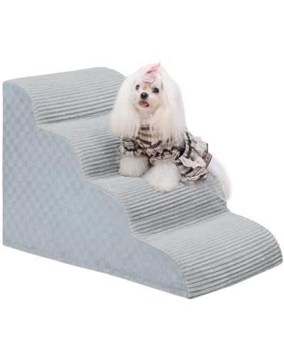 Hundetreppe Gebogene Rampe für kleine Hunde 49,5 cm H, 4-stufige Haustiertreppe für Couchbett mit hochdichtem Schaumstoff, Hundetreppe mit strapazierfähiger rutschfester Unterseite, Grau Hundetreppe Gebogene Rampe für kleine Hunde 49,5 cm H, 4-stufige Haustiertreppe für Couchbett mit hochdichtem Schaumstoff, Hundetreppe mit strapazierfähiger rutschfester Unterseite, Grau von Vfrog