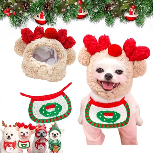 Adorable Christmas Tree Pom-Pom Hat, Dog Christmas Outfit Within 7kg, Funny Soft Pet Saliva Towel, Dog Dressing Supply with Scarf Bib, Adjustable Ties (White-A, S: 2.2-8.8 lbs) von Vgpbphj