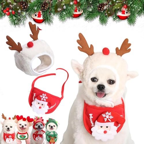 Adorable Christmas Tree Pom-Pom Hat, Dog Christmas Outfit Within 7kg, Funny Soft Pet Saliva Towel, Dog Dressing Supply with Scarf Bib, Adjustable Ties (White-B, M: 8.8-16.5 lbs) von Vgpbphj