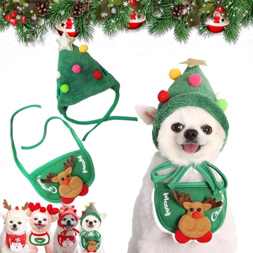 Entzückende Weihnachtsbaum-Pom-Pom-Mütze, Weihnachts-Outfit für Hunde bis zu 7 kg, lustiges, weiches Haustier-Sp-Handtuch, Hundeverband-Zubehör mit Schal-Lätzchen, verstellbare Bänder (Grün Entzückende Weihnachtsbaum-Pom-Pom-Mütze, Weihnachts-Outfit für Hunde bis zu 7 kg, lustiges, weiches Haustier-Sp-Handtuch, Hundeverband-Zubehör mit Schal-Lätzchen, verstellbare Bänder (Grün von Vgpbphj