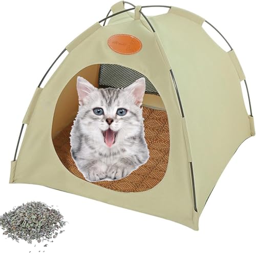 Pfoten Bedarf Premium Katzen Kühlzelt, Premium Cat Cooling Tent, Portable Cooling Dog House, Breathable & Foldable Pet Tent for Indoor and Outdoor Use, Ideal as a Retreat in Summer Heat (Beige, L) von Vgpbphj