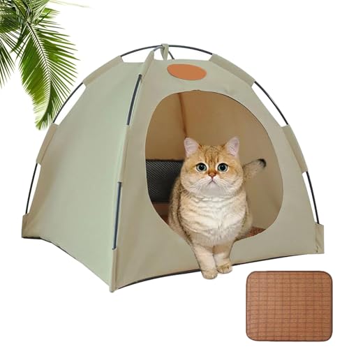 Pfoten-bedarf Premium Katzen Kühlzelt, Katzenzelt für Katzen Outdoor Mit Rattan Matte, Tragbares Haustierzelt, Abnehmbar Und Waschbar, Flexibel Aufstellbar, Kühlung & Atmungsaktives (Beige, L) von Vgpbphj
