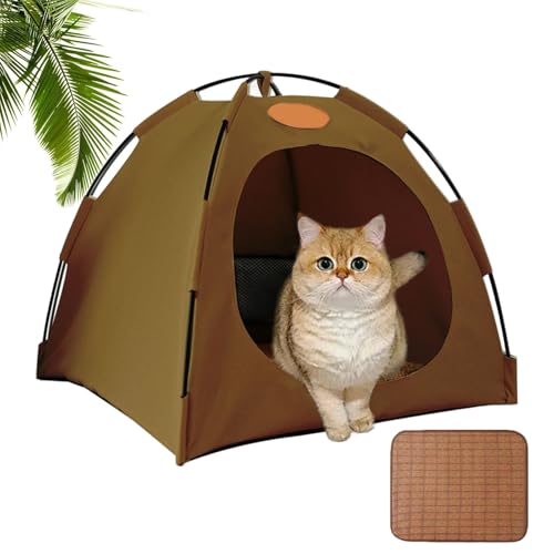 Pfoten-bedarf Premium Katzen Kühlzelt, Katzenzelt für Katzen Outdoor Mit Rattan Matte, Tragbares Haustierzelt, Abnehmbar Und Waschbar, Flexibel Aufstellbar, Kühlung & Atmungsaktives (Braun, L) von Vgpbphj