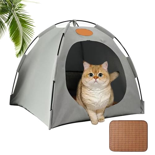Pfoten-bedarf Premium Katzen Kühlzelt, Katzenzelt für Katzen Outdoor Mit Rattan Matte, Tragbares Haustierzelt, Abnehmbar Und Waschbar, Flexibel Aufstellbar, Kühlung & Atmungsaktives (Grau, M) von Vgpbphj