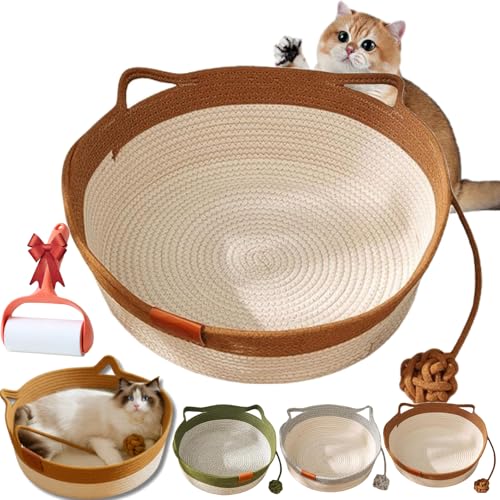 Vgpbphj Stimulicat Cat Bed, StimuliCat Handwoven Basket, Cat Toy Baskets for Indoor Cats, Cotton Rope Woven Round Pet Nest with Built-in Teasing Ball, Foldable Scratchable (Brown, S(35 * 35 * 13cm)) von Vgpbphj