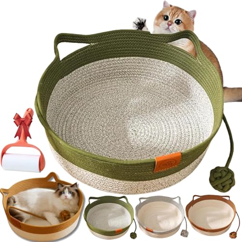 Vgpbphj Stimulicat Cat Bed, StimuliCat Handwoven Basket, Cat Toy Baskets for Indoor Cats, Cotton Rope Woven Round Pet Nest with Built-in Teasing Ball, Foldable Scratchable (Green, M(40 * 40 * 14cm)) von Vgpbphj