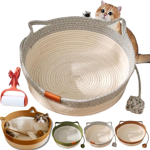 Vgpbphj Stimulicat Katzenbett, StimuliCat Handgewebter Korb, Katzenspielzeugkörbe für Indoor-Katzen, Baumwollseil, gewebtes rundes Haustiernest mit integriertem Spielball, faltbar, kratzbar (Grau, L von Vgpbphj