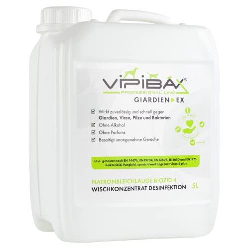 ViPiBaX Giardien Ex Professional Line Wischkonzentrat Natronbleichlauge Biozid 4-das Desinfektionsmittel gegen Giardien,Bakterien, Pilze, Viren im Umfeld von Hunden,Katzen,AnderenTieren, 5L,PROWK5000 von ViPiBaX viren pilze bakterien ex