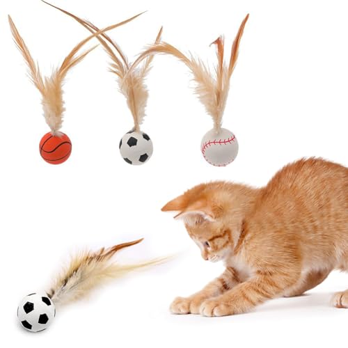 Vibbang 3PCS Cat Bouncy Ball with Feather, Katzen-Hüpfbälle mit Federn, Katzenspielzeug mit Hüpfschwanz für Hauskatzen, interaktive Katzenbälle, Hundespielzeug und Geschenk von Vibbang