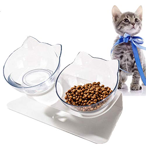 Doppelter Futternapf, VieVogue Futternäpfe Katzenfutter Fressnäpfe für Katzen 15 °Geneigt Doppelt Futternapf Haustier Essen Wasser Schüsseln(Clear+Clear Bowls) von VieVogue