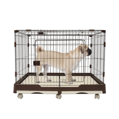 Hundekäfig, Transportabler Haustierkäfig aus Stahldraht mit 2 Türen, 99x62x75cm Gitter Hundebox mit 2 Ausziehbaren Ablagen und 6 Universal-Räder für Kleine Haustier Bis Zu 20 Kg, Kaffee Farbe von Vielrosse