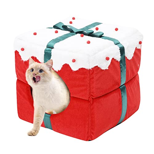 Vigcebit Weihnachtsgeschenkbox Katzennest - Weiche warme Weihnachtsgeschenkbox Katzenbett | Niedliche, selbstwärmende, Bequeme, quadratische Haustier-Eigentumswohnungszelte für Weihnachtshunde von Vigcebit