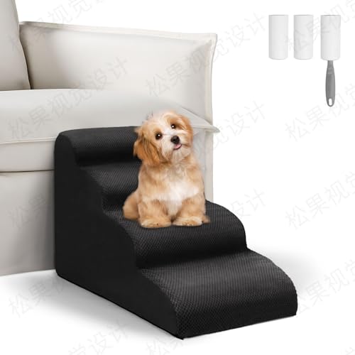 Vikcvcsc Hundetreppe, 4 Stufen Haustiertreppe für Bett und Sofa aus Hochdichtem Schwamm, Hunde Treppen mit Abnehmbarer Bezug, Waschbar Haustierleiter für Kleine Hunde, Senden Fusselrolle, Schwarz von Vikcvcsc