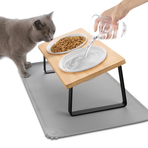 Vikcvcsc Katzennapf Erhöht - Katzen Fressnapf Katze Erhöht mit Napfunterlage Silikon - 15° gekippte Ergonomischer Futterstation Katzen - 350ml Fressnapf und Wassernapf für kleine Hunde von Vikcvcsc