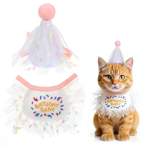 2 Stück Katzen-Geburtstagshut, Bandana, Schal und Partyhut, Mädchen, Katze, Geburtstagshüte und Spitzen-Lätzchen, Outfit, Partyhüte, Mini-Hunde, Katzen, Geburtstage, Netz-Lätzchen, Rosa 2 Stück Katzen-Geburtstagshut, Bandana, Schal und Partyhut, Mädchen, Katze, Geburtstagshüte und Spitzen-Lätzchen, Outfit, Partyhüte, Mini-Hunde, Katzen, Geburtstage, Netz-Lätzchen, Rosa von Vin Beauty