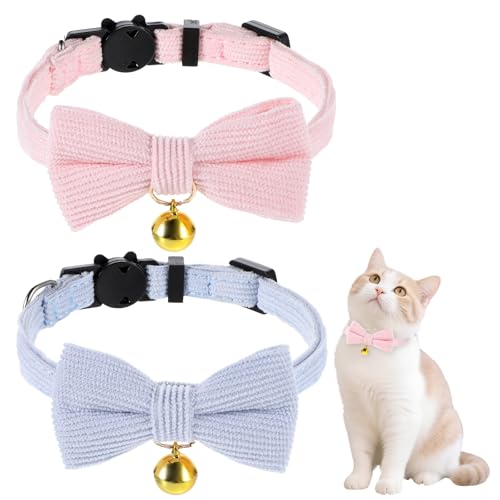 Katzenhalsbänder mit Fliege und Glöckchen, verstellbares Katzenhalsband aus Kord, Rosa und Blau, Schnellverschluss, Sicherheits-Fliege, Hundehalsband, Samtfliege, Katzenhalsband für Haustiere, Mädchen von Vin Beauty